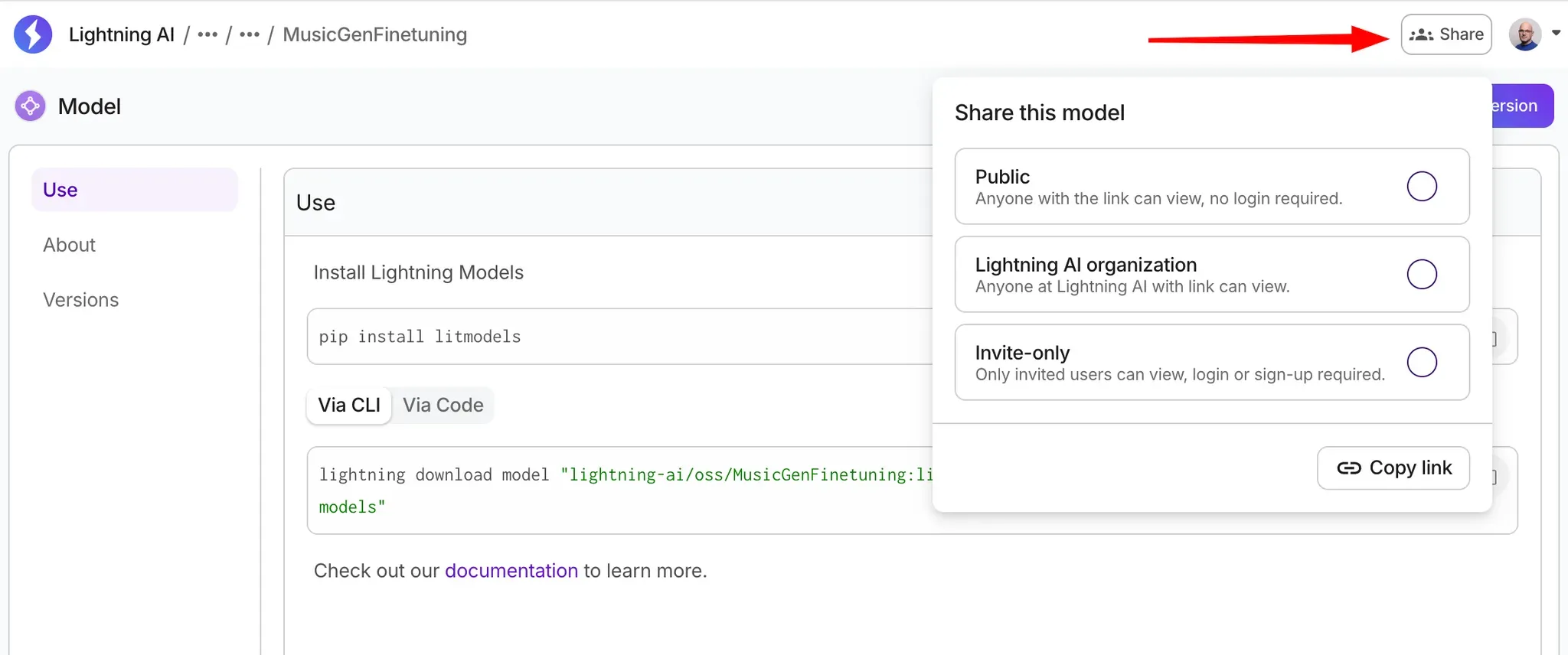 Share Model options.