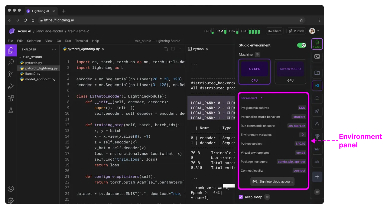 The environment panel is just beneath the machine selector in the Studio environment popover