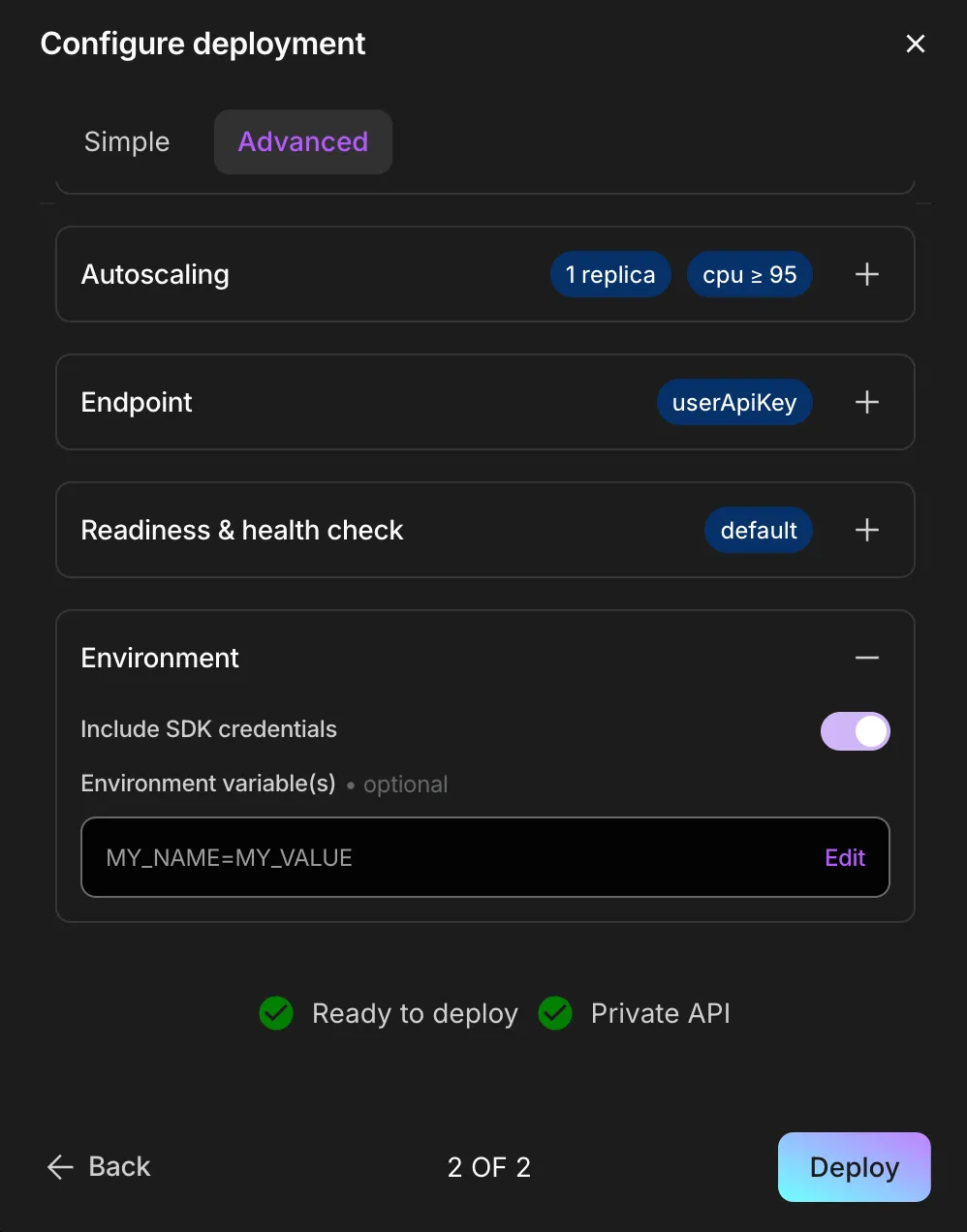 View of the Environment section in the Advanced tab of the Deployment launch settings